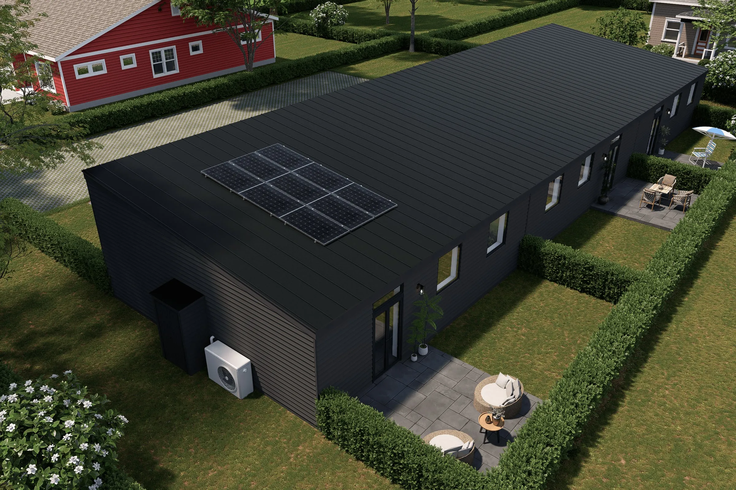 Visualisering af Østervangen 39 set fra havesiden med solceller på taget, varmepumpe ved gavlen og terrasser