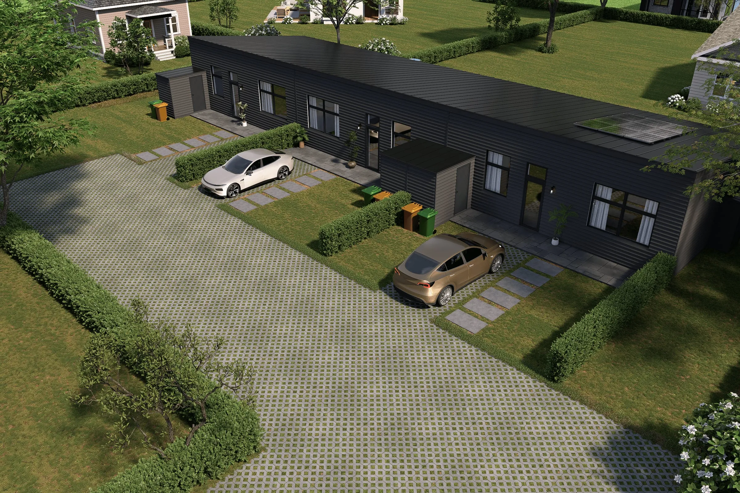 Visualisering af Østervangen 39 i Oure set oppefra: tre rækkehuse med sort facade og ståltag, parkering på græsarmering og hæk om hver have